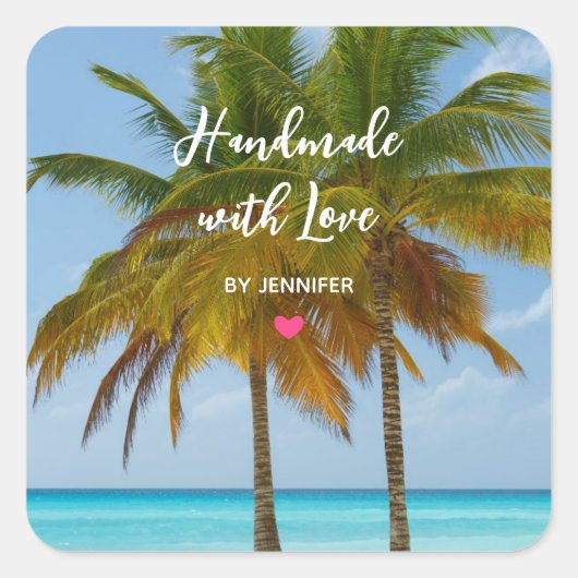 Handgemaakt met liefdespalmen op een tropisch stra vierkante sticker (Voorkant)