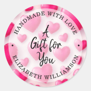 Handgemaakt met liefdesroze harten ronde sticker