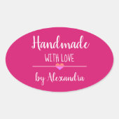 Handgemaakt met liefdesroze scriptnaam ovale sticker (Voorkant)