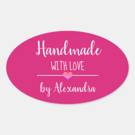 Handgemaakt met liefdesroze scriptnaam ovale sticker