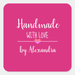 Handgemaakt met liefdesroze scriptnaam rechthoekig vierkante sticker
