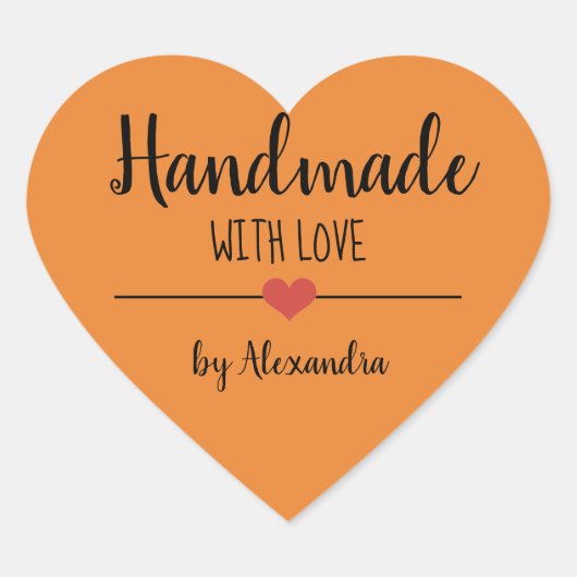 Handgemaakt met liefhebbend oranje script hart sticker (Voorkant)