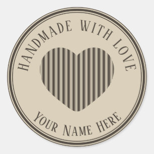 Handgemaakt met Love Black Cream Kerststrepen Ronde Sticker