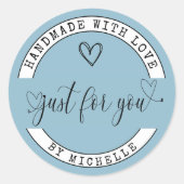 Handgemaakt met Love Blue Elegant Script Sticker (Voorkant)