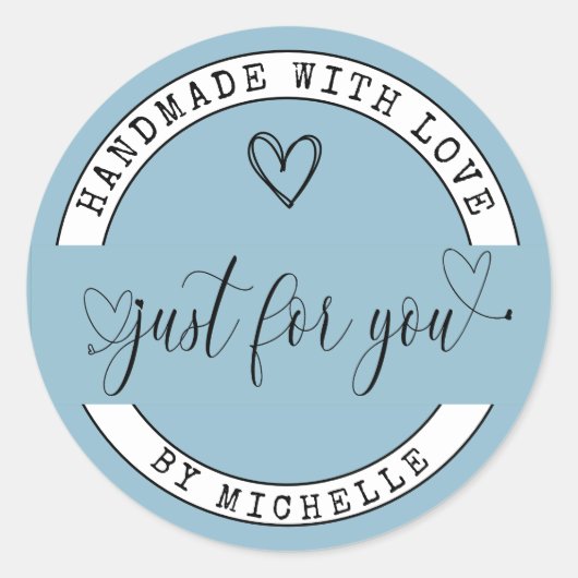 Handgemaakt met Love Blue Elegant Script Sticker (Voorkant)