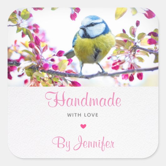 Handgemaakt met Love Blue en Yellow Bird Vierkante Sticker (Voorkant)