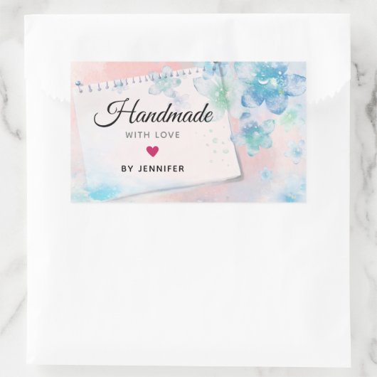 handgemaakt met Love  Blue Flowers op Roze Rechthoekige Sticker (Tas)