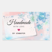 handgemaakt met Love  Blue Flowers op Roze Rechthoekige Sticker (Voorkant)
