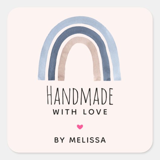 Handgemaakt met Love Blue Rainbow Boho Vierkante Sticker (Voorkant)