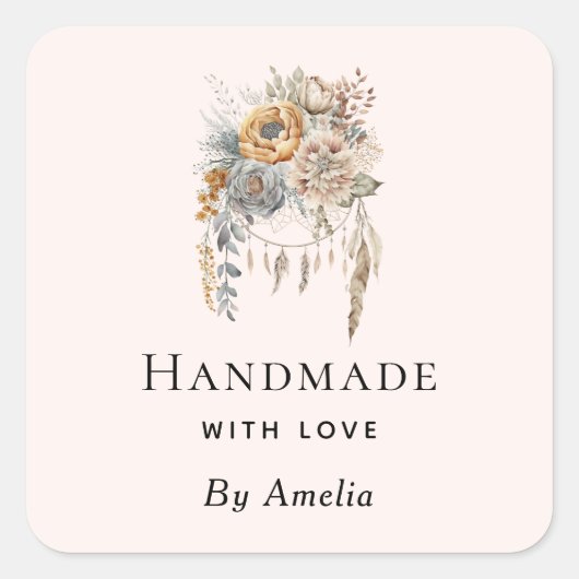 Handgemaakt met Love Boho Flowers en een Dreamcatc Vierkante Sticker (Voorkant)