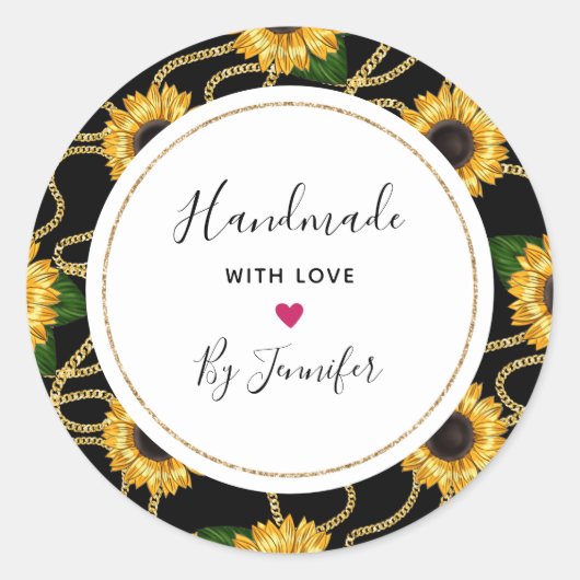 Handgemaakt met Love Classy Yellow Zonnebloemen Ronde Sticker (Voorkant)