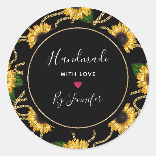 Handgemaakt met Love Classy Yellow Zonnebloemen Ronde Sticker (Voorkant)