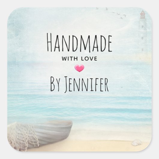 Handgemaakt met Love Coastal Beach Scene Nautical Vierkante Sticker (Voorkant)