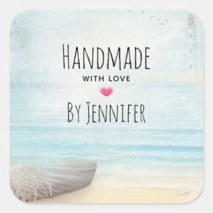 Handgemaakt met Love Coastal Beach Scene Nautical Vierkante Sticker