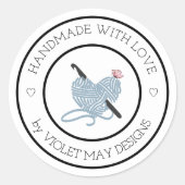 Handgemaakt met Love Crochet Hook Heart Shaped Yar Ronde Sticker (Voorkant)