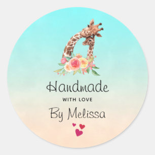Handgemaakt met Love Cute Giraffe Mam & Baby Ronde Sticker
