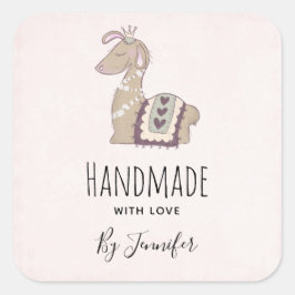 Handgemaakt met Love Cute Llama Wearing a Crown Vierkante Sticker