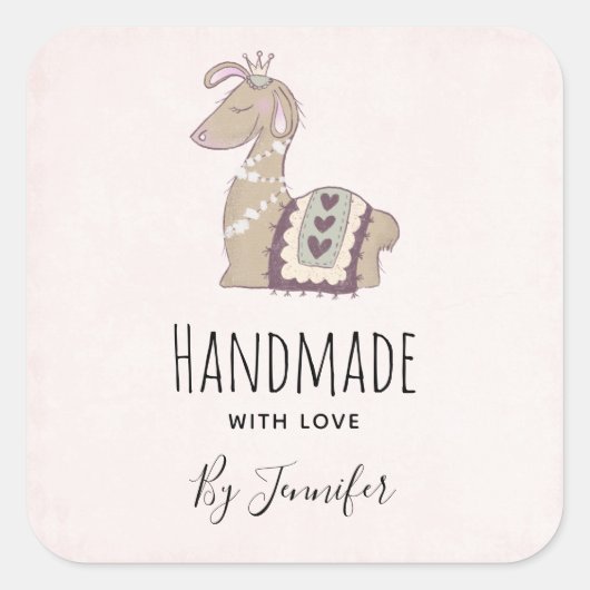 Handgemaakt met Love Cute Llama Wearing a Crown Vierkante Sticker (Voorkant)