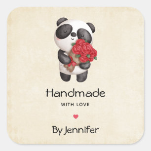 Handgemaakt met Love Cute Panda Beer met Rozen Vierkante Sticker