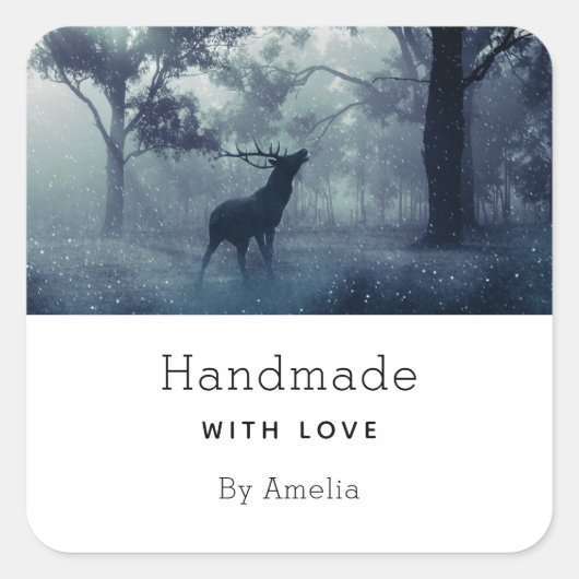 Handgemaakt met Love Deer met gewei in een bos Vierkante Sticker (Voorkant)