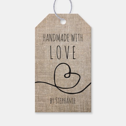 Handgemaakt met Love Doodle Rustic Burlap Cadeaulabel (Voorkant)