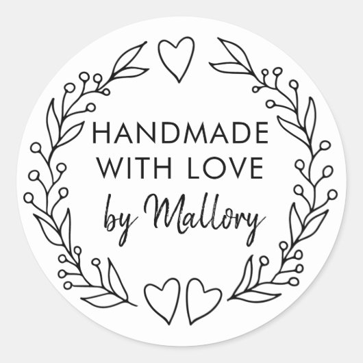 Handgemaakt met Love Doodle Wreath Brush Script Ronde Sticker (Voorkant)
