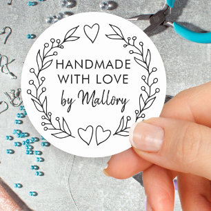 Handgemaakt met Love Doodle Wreath Brush Script Ronde Sticker