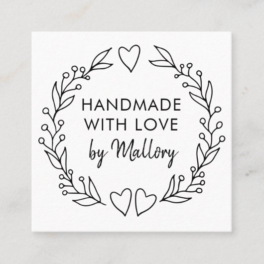 Handgemaakt met Love Doodle Wreath Brush Script Vierkante Visitekaartje (Voorkant)