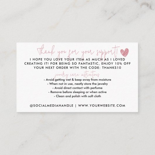 Handgemaakt met Love Dusty Pink Heart Sieraden Car Informatiekaartje (Achterkant)