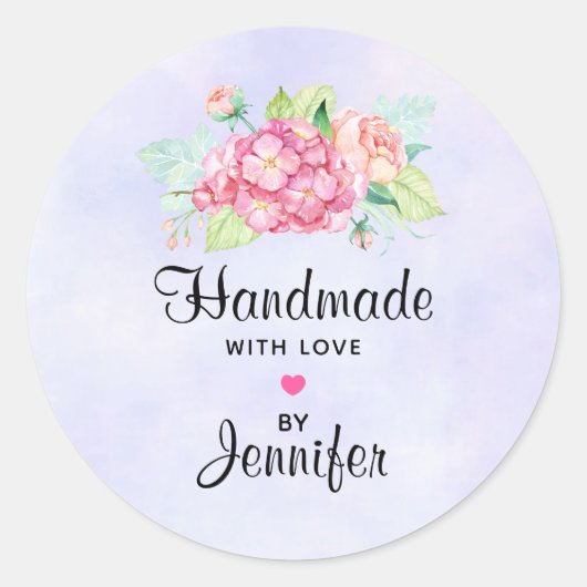 Handgemaakt met Love Elegant Pink Waterverf Flower Ronde Sticker (Voorkant)
