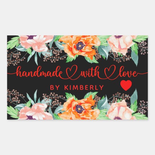 Handgemaakt met Love Floral Black Rechthoekig teke Rechthoekige Sticker (Voorkant)