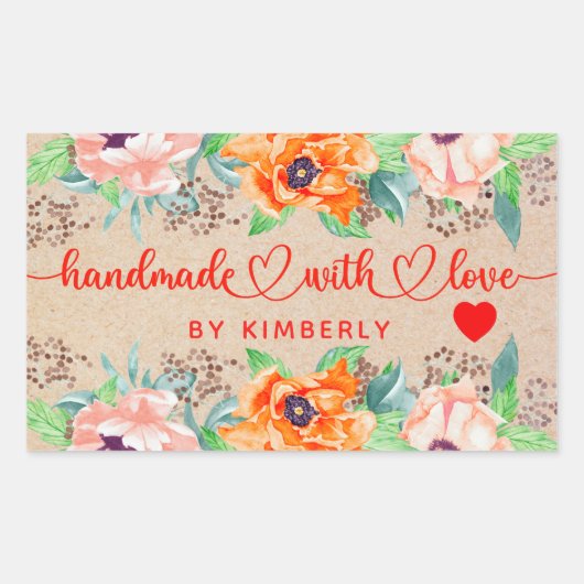 Handgemaakt met Love Floral Rechthoekige Sticker (Voorkant)