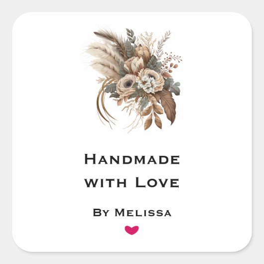 Handgemaakt met Love Flowers Foliage en Feathers Vierkante Sticker (Voorkant)