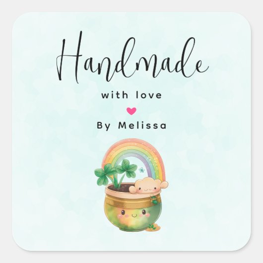 Handgemaakt met Love Garden Planter met regenboog Vierkante Sticker (Voorkant)