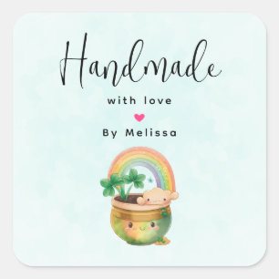 Handgemaakt met Love Garden Planter met regenboog Vierkante Sticker