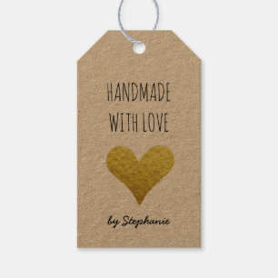 Handgemaakt met Love Gold Heart Kraft Paper Rust Cadeaulabel