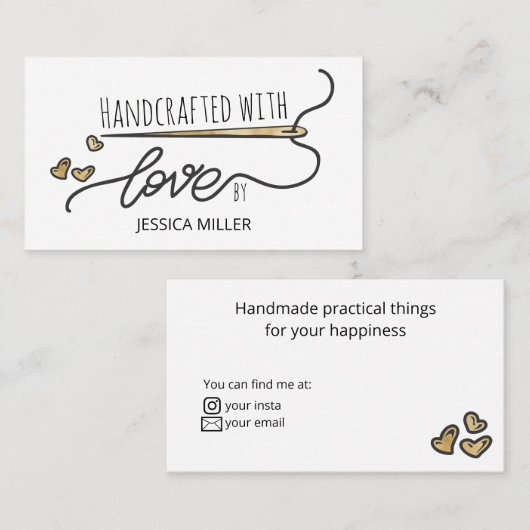 Handgemaakt met Love Gold Sewing Needle White Visitekaartje (Voorkant / Achterkant)