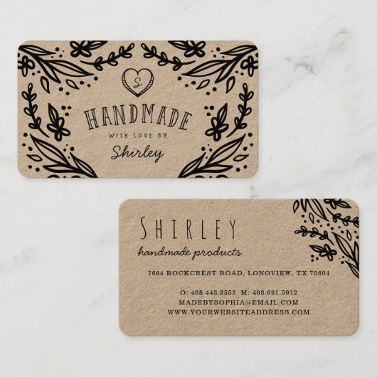 Handgemaakt met Love Heart Monogram Bloemontwerp Visitekaartje (Voorkant / Achterkant)