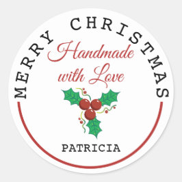 Handgemaakt met Love Holly Merry Kerstmis Ronde Sticker