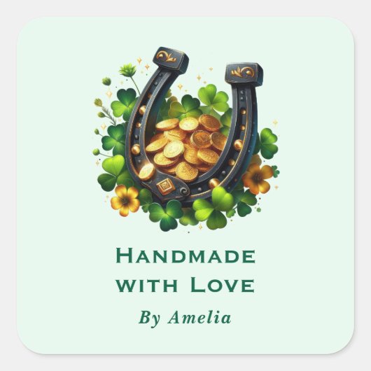 Handgemaakt met Love Lucky Hoefijzer en gouden mun Vierkante Sticker (Voorkant)