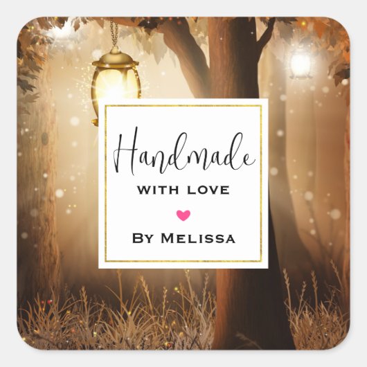 Handgemaakt met Love Magical Forest en Fairy Light Vierkante Sticker (Voorkant)