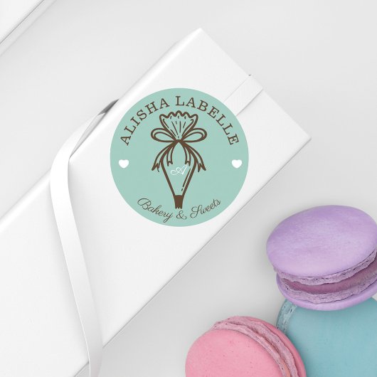 Handgemaakt met Love Modern Bakery Pipet Blauwgroe Ronde Sticker