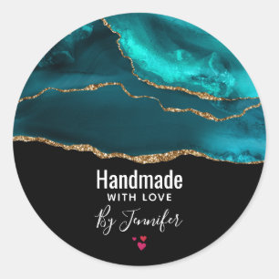Handgemaakt met Love Modern Blauwgroen Agaat & Gol Ronde Sticker