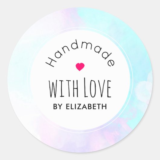 Handgemaakt met Love Modern Blue & Paarse Waterver Ronde Sticker (Voorkant)