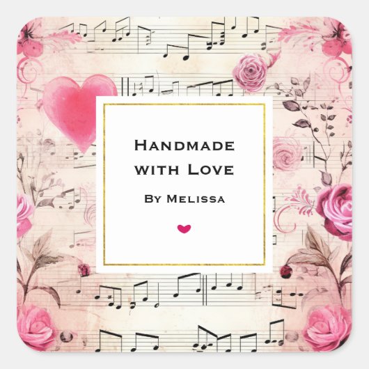 Handgemaakt met Love Musical Notities en Rozen Vierkante Sticker (Voorkant)