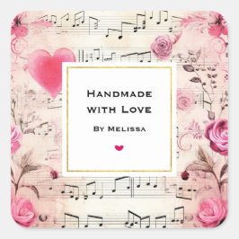 Handgemaakt met Love Musical Notities en Rozen Vierkante Sticker