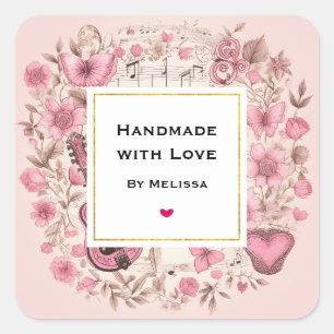 Handgemaakt met Love Muzieknoten en Flowers Vierkante Sticker