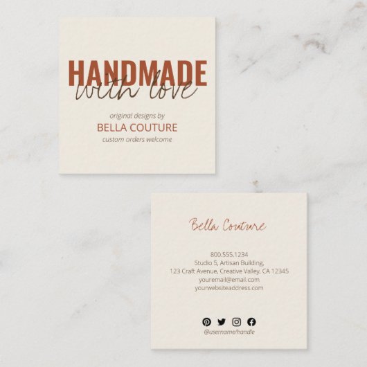 Handgemaakt met Love Oversized Typography Cream Vierkante Visitekaartje (Voorkant / Achterkant)