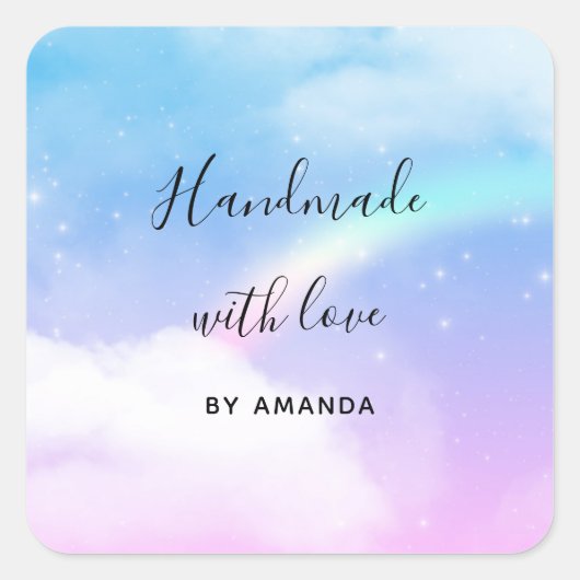 Handgemaakt met Love Pastel Clouds en een Regenboo Vierkante Sticker (Voorkant)