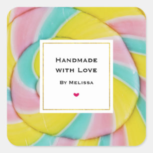 Handgemaakt met Love Pastel Rainbow Spiral Snoep Vierkante Sticker